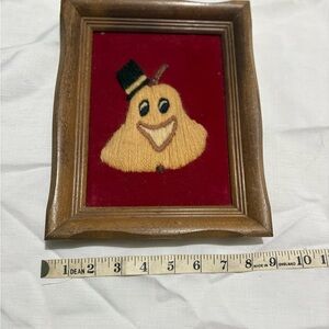 Vintage Crewel Framed Embroidered Pear Art with Top Hat